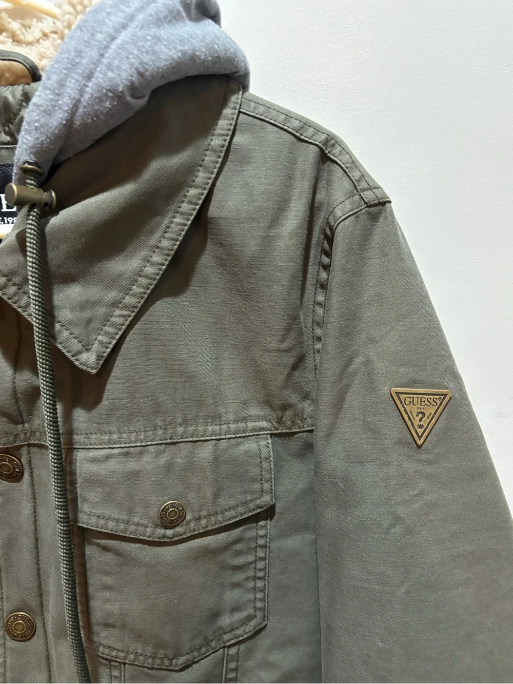 GUESS Olive Green Hooded Military-Style Jacket with Sherpa Trim